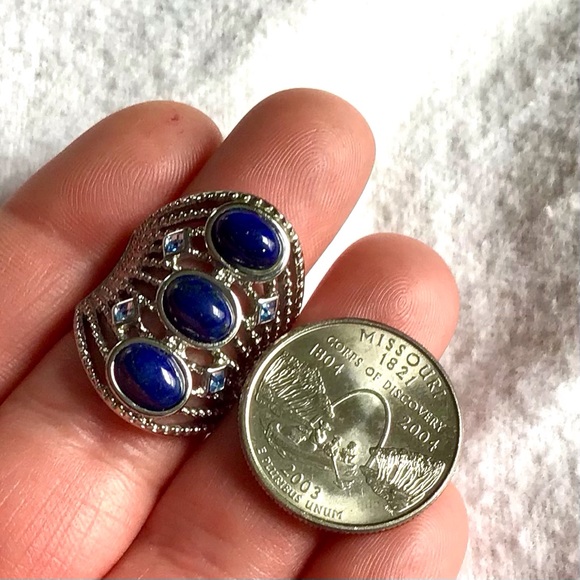 Lapis Lazuli 3 Stone Ring With Blue Austrian Crystal in Stainless Steel - Picture 5 of 6